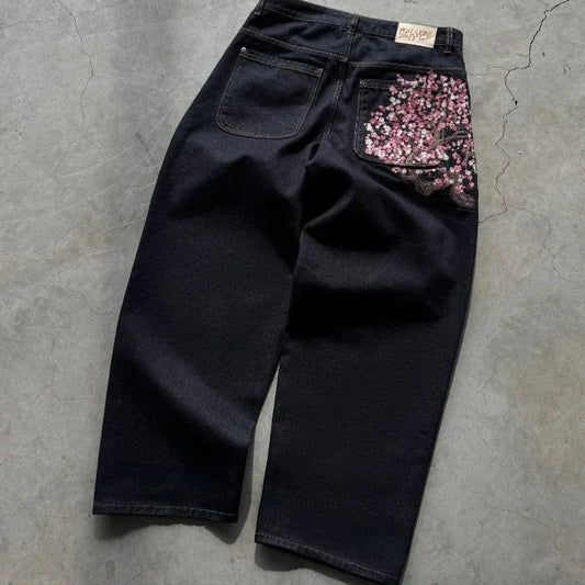 Baggy Jeans Y2K Vintage Blossom Embroidery