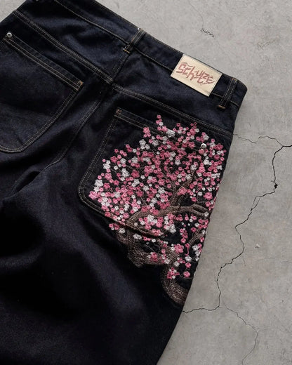 Baggy Jeans Y2K Vintage Blossom Embroidery