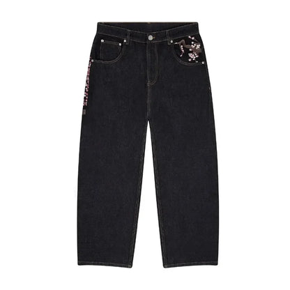 Baggy Jeans Y2K Vintage Blossom Embroidery