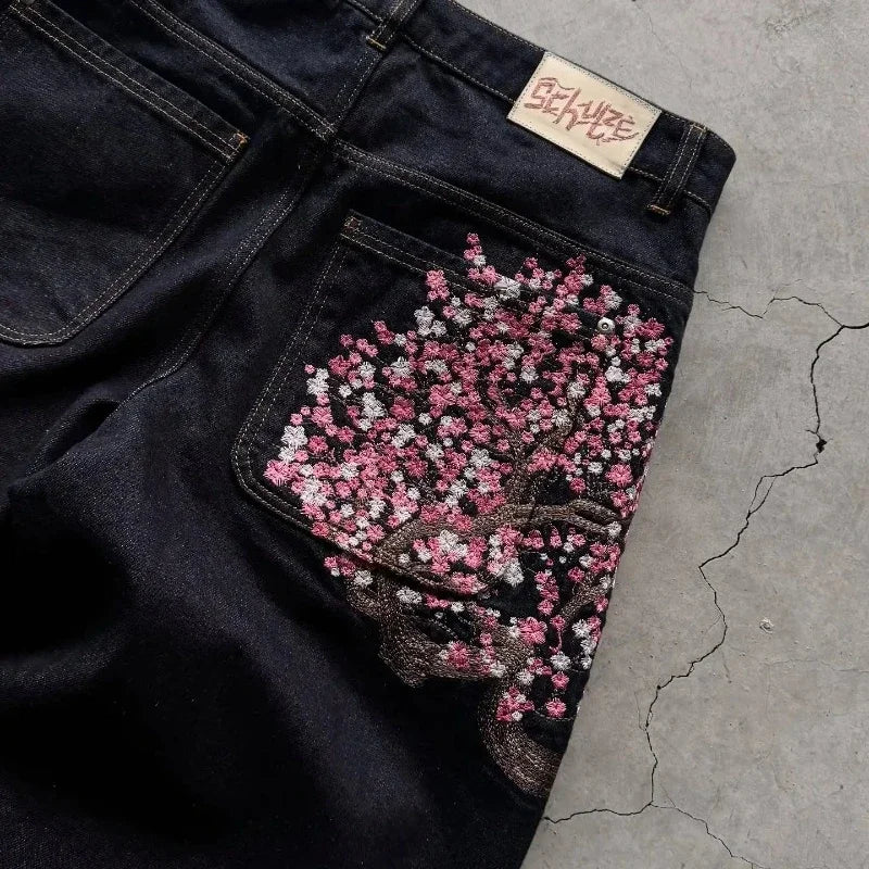Baggy Jeans Y2K Vintage Blossom Embroidery